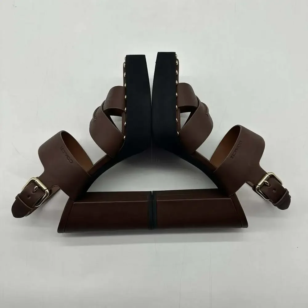 COACH Callie Platform Saddle Brown Leather Strappy Heels Sandals Women's Size 8B